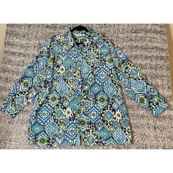 Susan Graver 3X Blue Green Geometric Tile Button Up Shirt Blouse Long Sleeve‎ - Picture 1 of 7